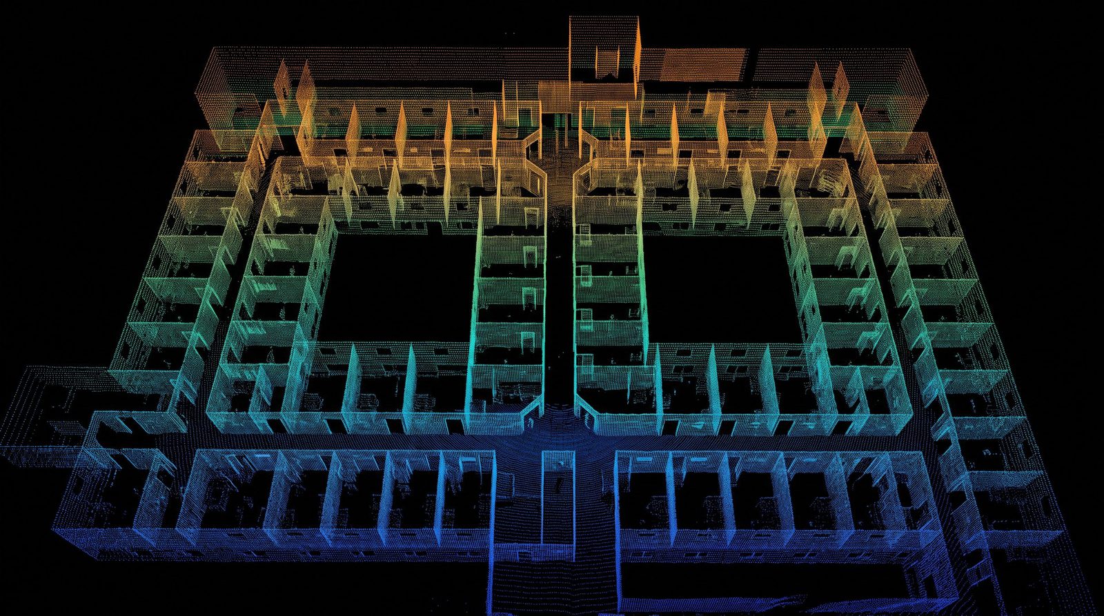 Elevation-coloured point cloud of a building