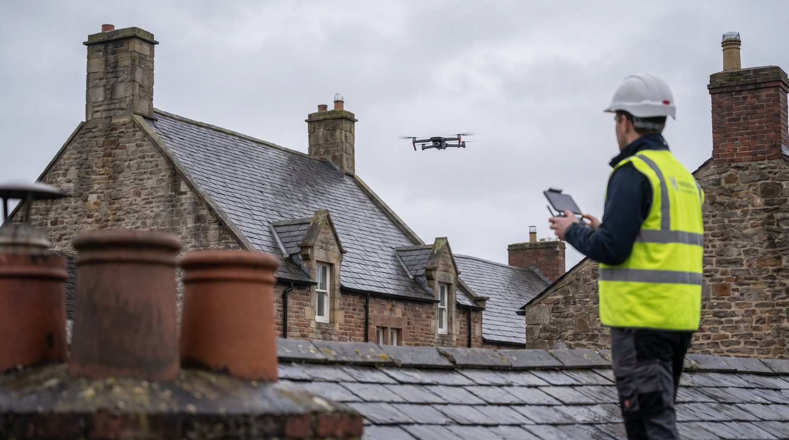 Surveyor flying a UAV over a slate roof
