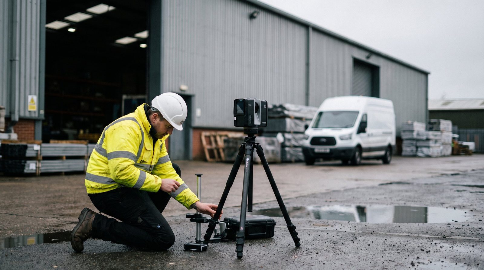 Surveyor setting up a scanner in an industrial yard