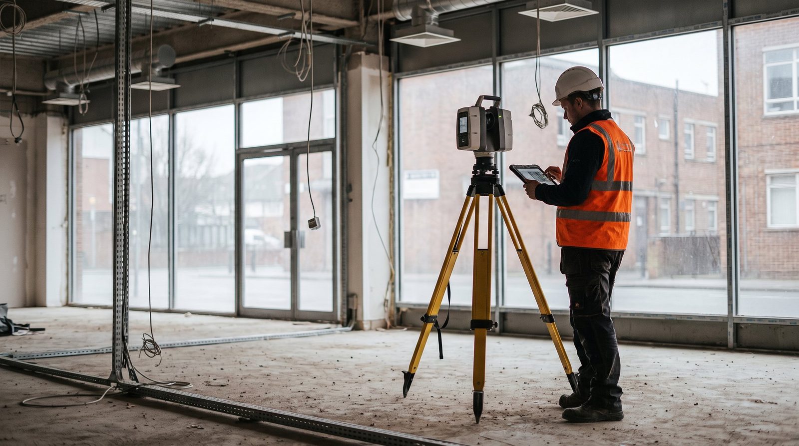Terrestrial laser scanner on a stripped-out office floor