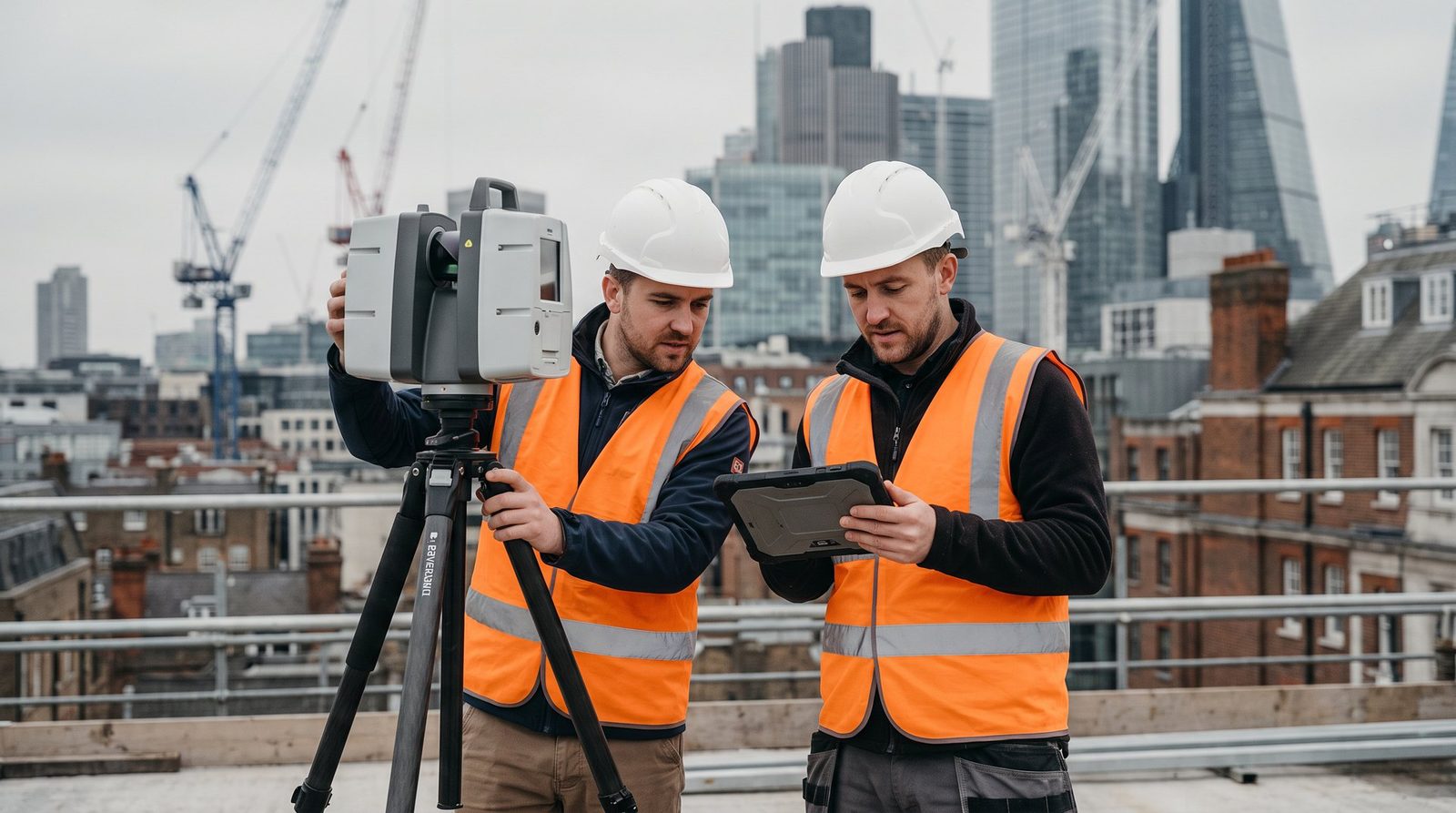 Two surveyors reviewing a scan on a London rooftop