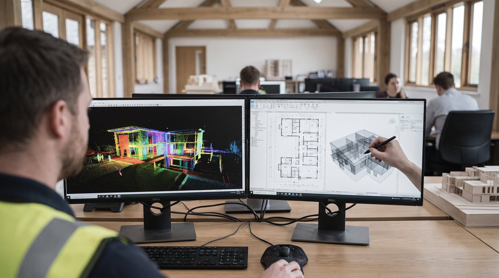 Point cloud and drawings being reviewed on screen in the studio